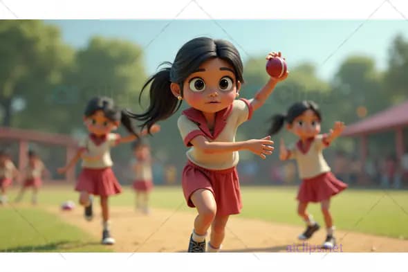 3D Cartoon Girls Playing Cricket on School Playground