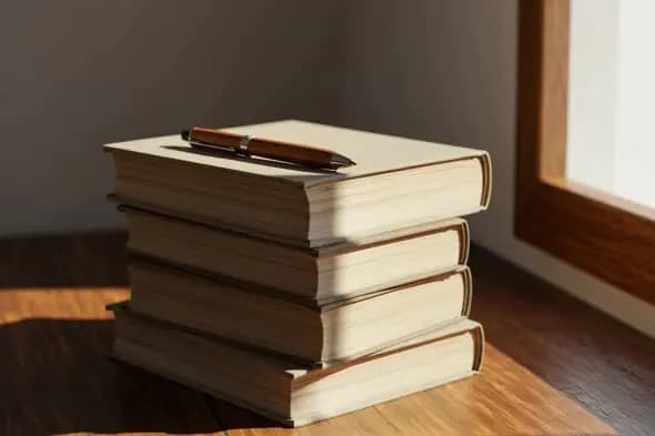 Stack of Vintage Books with Wooden Pen by the Window