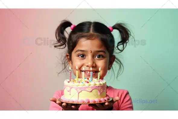 Smiling Girl Holding Birthday Cake with Candles