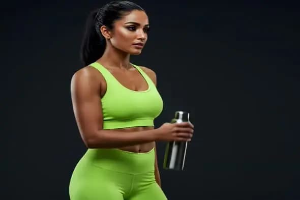 Athletic Woman in Neon Activewear with Water Bottle on Dark Background