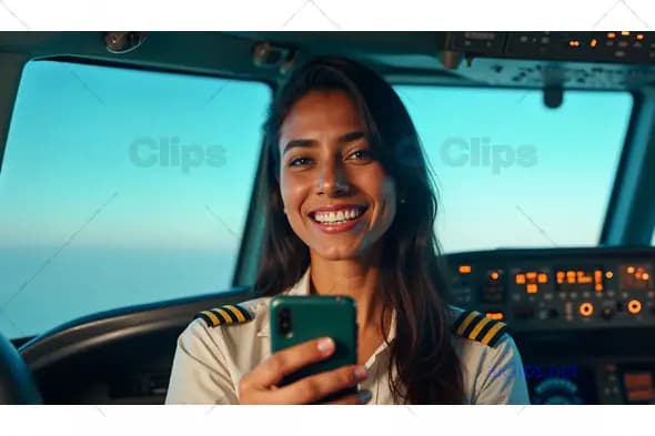 Female Pilot Smiling in Cockpit with Smartphone