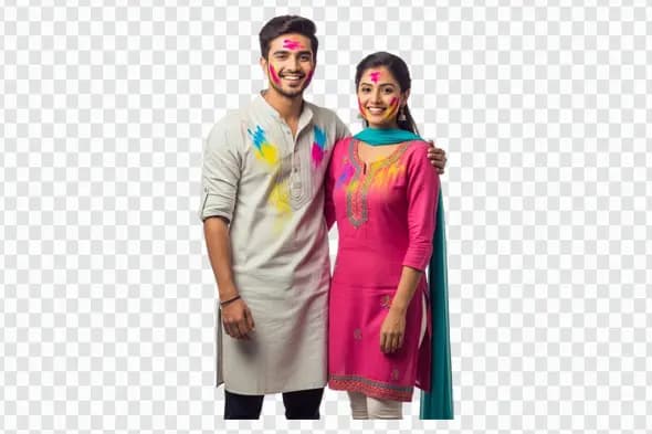 Happy Young Indian Couple Celebrating Holi Festival PNG Clipart