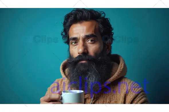 Bearded Man Holding Coffee Cup in Cozy Sweater