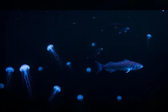 Bioluminescent Jellyfish and Glowing Fish in the Abyss