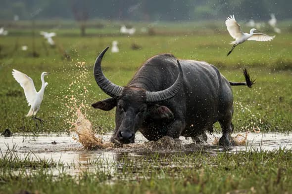 Water Buffalo Splash with Egrets