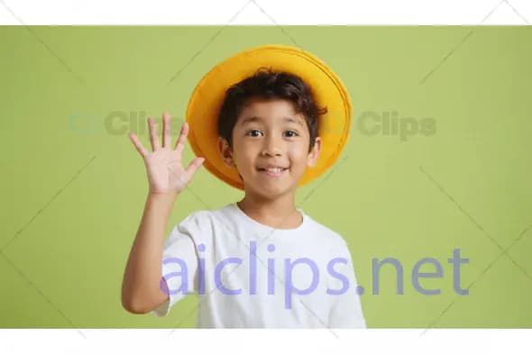 Happy Boy Waving in Yellow Hat