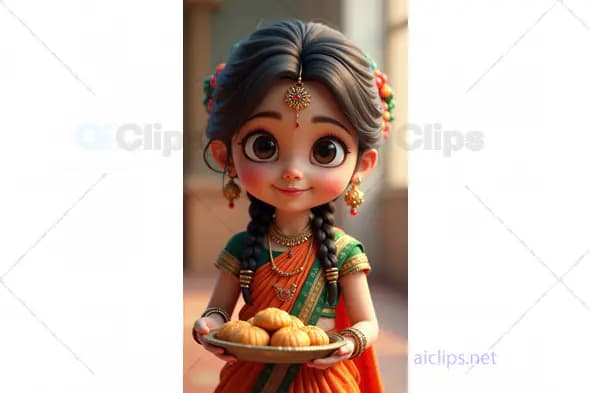 3D Cartoon Girl in Traditional Saree Holding a Plate of Modaks