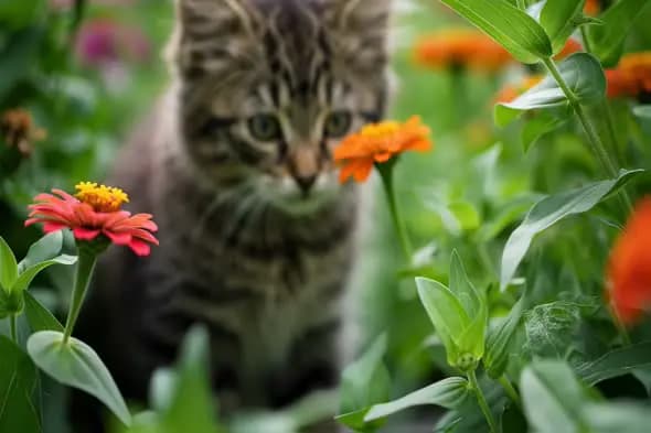 Curious Kitten Exploring Vibrant Flower Garden Scenery