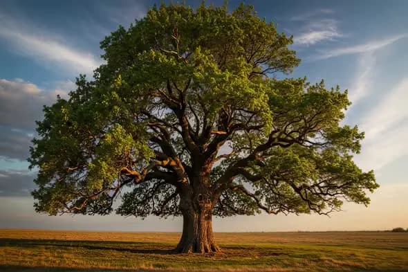 Majestic Oak Tree Golden Hour Countryside Landscape Scenery