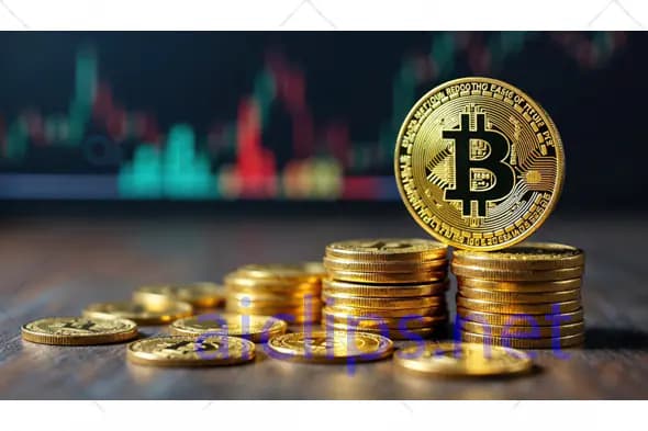 Stacked Bitcoin Coins with Trading Background