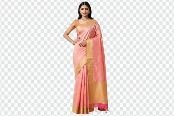 Elegant Woman in Pink Silk Saree PNG Clipart