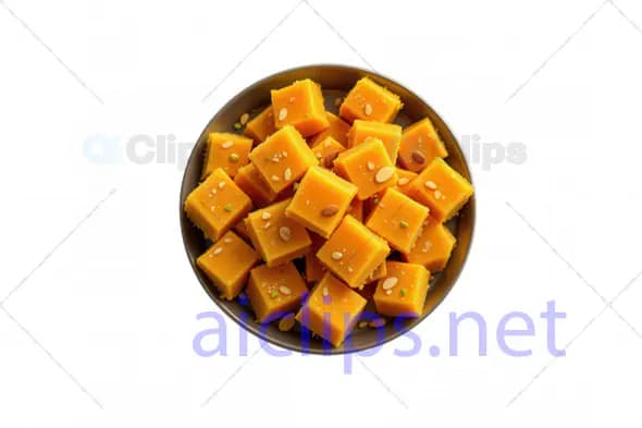 3D Indian Mango Burfi Cubes in Round Bowl