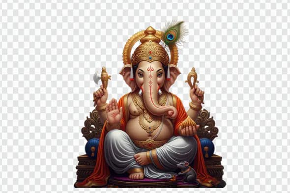 Majestic Seated Ganesha with Peacock Feather PNG