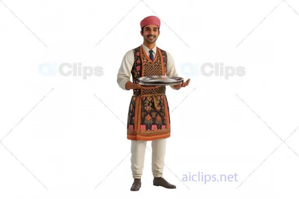 3D Traditional Waiter Character Serving Dish