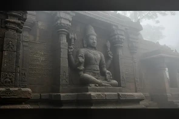 Foggy Ancient Temple Idol – Serene Spiritual Backdrop