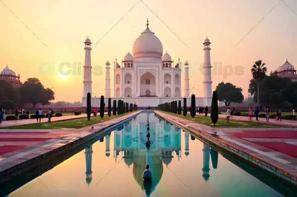 Taj Mahal at Sunrise with Reflective Pool and Golden Sky