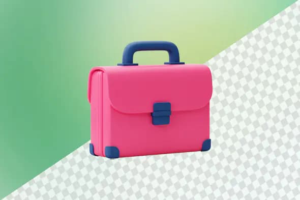 Pink briefcase with blue handle and accents