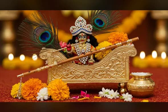 Krishna Idol on Ornate Golden Jhula with Flute & Flowers for Janmashtami | AIClips Devotional Image