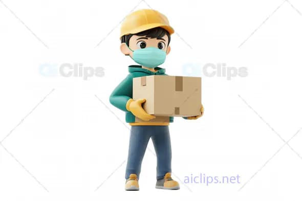 3D Delivery Worker Avatar with Protective Mask and Box