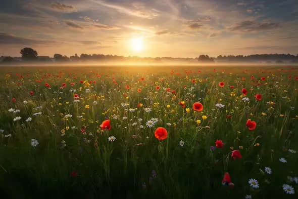 Breathtaking Wildflower Meadow Sunrise Countryside Scenery