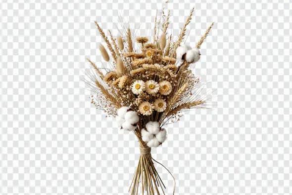 Rustic Dried Floral Bouquet with Cotton PNG
