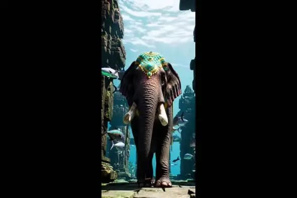 Majestic Elephant in Underwater Ancient Ruins with Swimming Fish