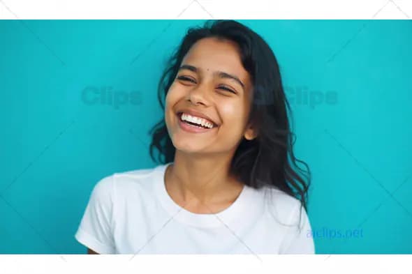 Smiling Young Woman with Turquoise Background