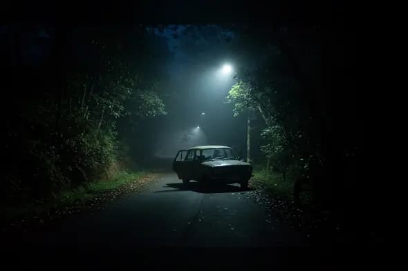 Abandoned Car on a Foggy Forest Road at Night