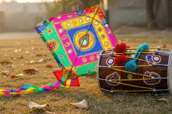 Vibrant Makar Sankranti Symbols at Golden Hour