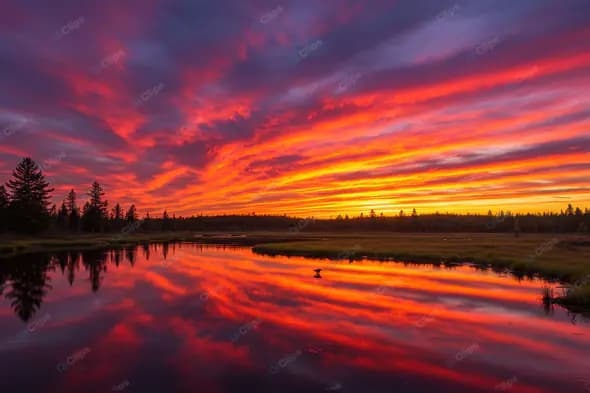 Fiery Twilight Pond Reflection