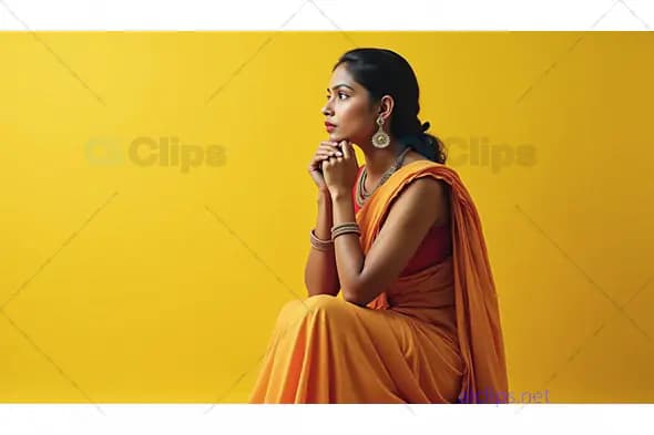 Elegant Woman in Traditional Yellow Saree Posing Against Yellow Background
