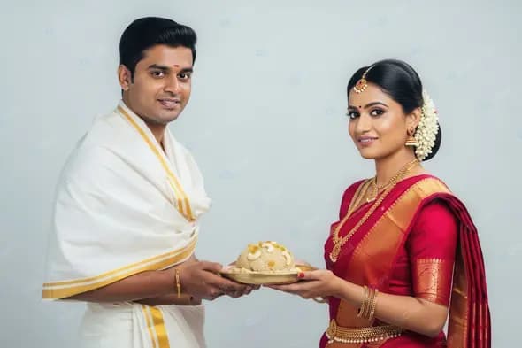 South Indian Couple Presenting Festive Pongal