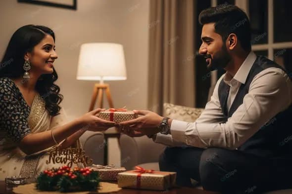 Elegant Indian Couple Sharing a Festive Gift