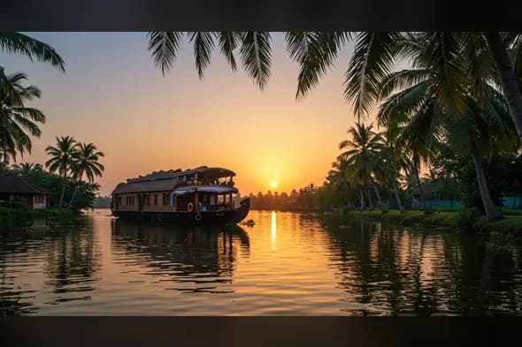 Traditional Kerala Houseboat at Sunrise Over Calm Backwaters