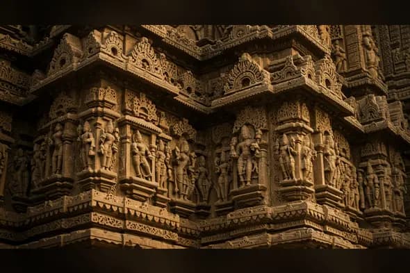 Indian Temple Wall Carvings in Golden Light | Heritage Texture by AIClips