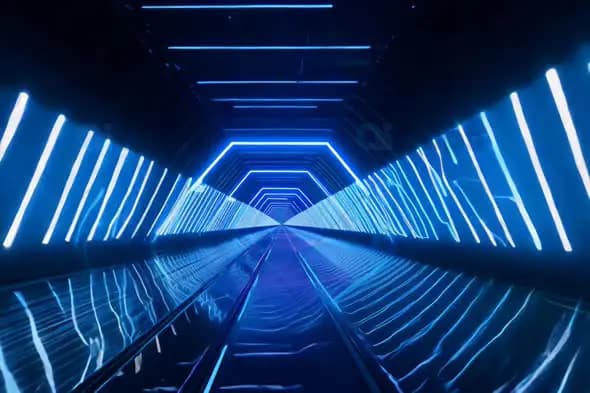 Futuristic Blue Neon Tunnel with Reflections