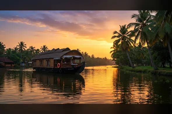 Traditional Houseboat on Kerala Backwaters at Sunset