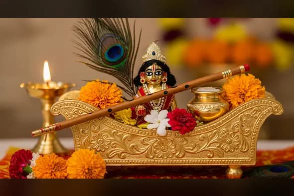 Baby Krishna on Golden Jhula with Flute, Flowers & Diya for Janmashtami | AIClips Festival Visual
