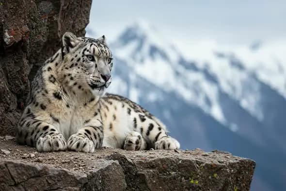 Snow leopard resting on a rocky mountain ledge