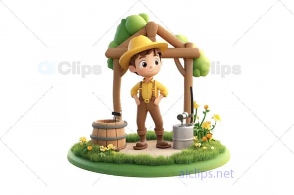 3D Cartoon Farmer at Water Well