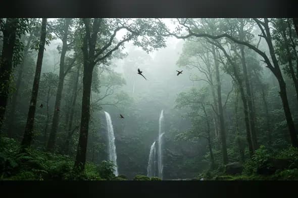 Misty Rainforest with Twin Waterfalls and Birds in Flight