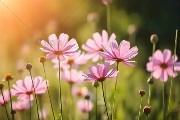 Field of Blooming Pink Daisies in Soft Morning Light