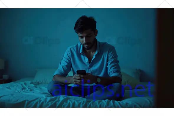 Man Sitting on Bed Using Smartphone at Night