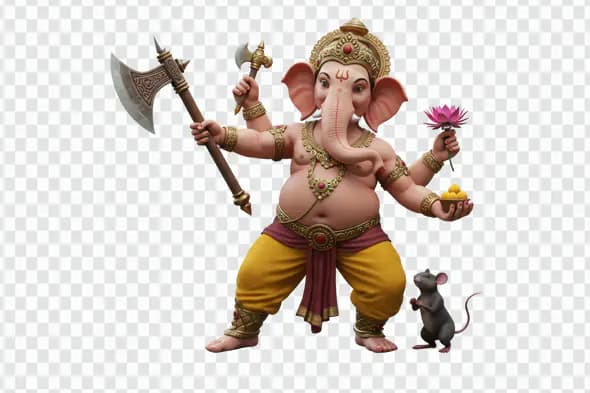 Ganesha Wielding Axe with Mouse Companion PNG