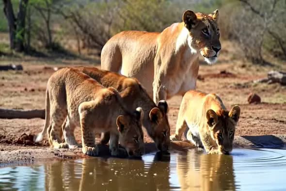 Lioness and Cubs at Watering Hole