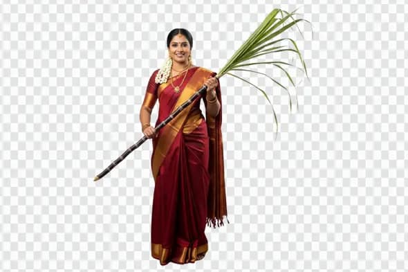 South Indian Woman Celebrating Pongal with Sugarcane PNG