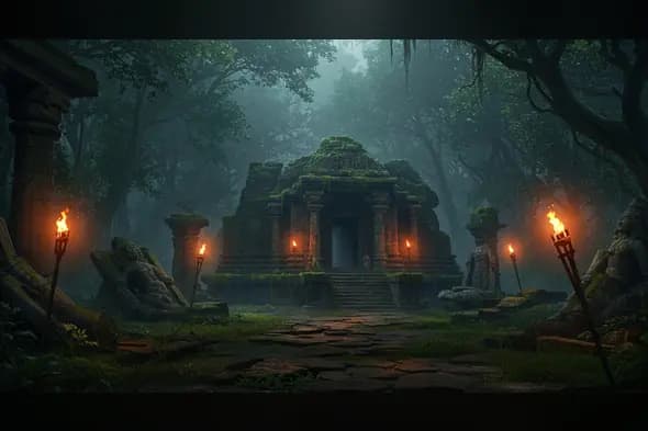Ancient Temple Entrance in Jungle – Mossy Stone Architecture with Fire Torches