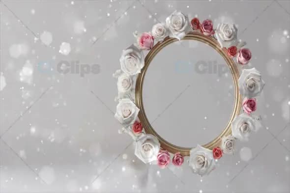 Elegant White and Pink Rose Circular Frame with Sparkling Background