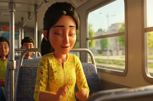 Animated Woman's Joyful Train Journey