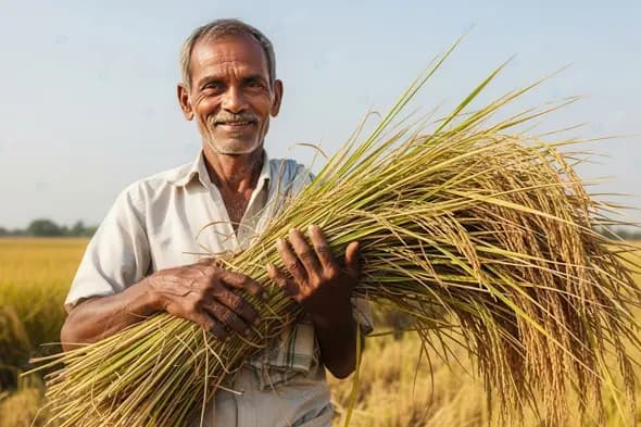 Proud Indian Farmer with Golden Rice Harvest